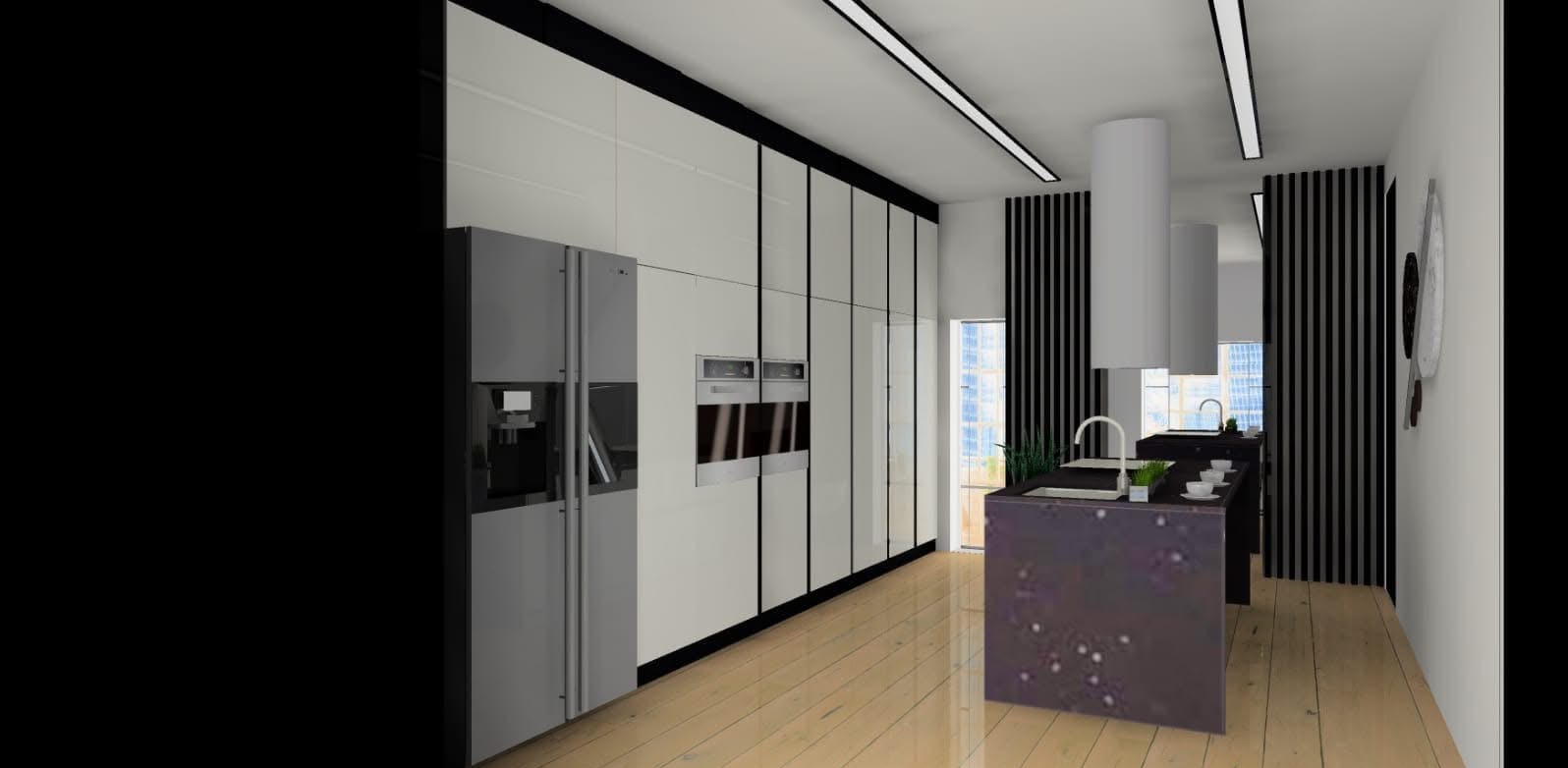 Nowoczesna kuchnia z wyspą, białe szafki z czarnymi akcentami, drewniana podłoga, lodówka z dystrybutorem wody, minimalistyczny design, pionowe żaluzje.