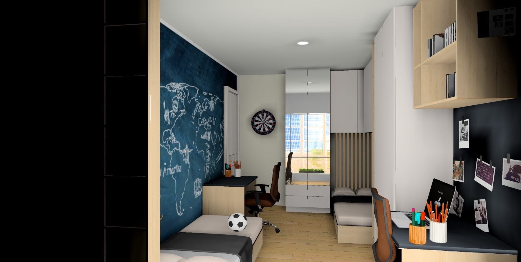 Wizualizacja pokoju młodzieżowego z mapą świata na ścianie, biurkiem z laptopem, łóżkiem z piłką i dartem. Nowoczesny design, jasne drewno, czarne akcenty. Efektowne oświetlenie.