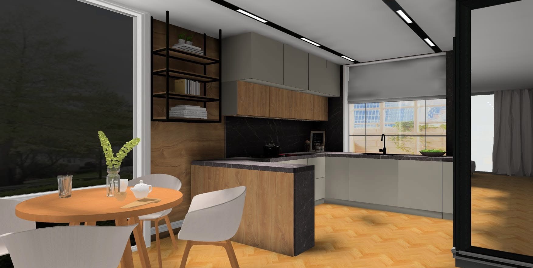 Nowoczesna kuchnia z drewnianymi akcentami: stół z kwiatami, zabudowa kuchenna z czarnym blatem, półki z książkami. Widok na okno i parkiet.