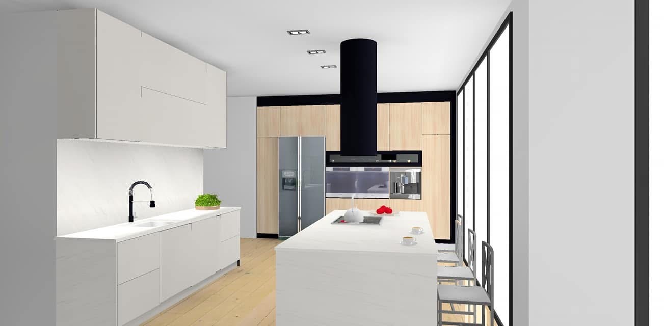 Wizualizacja nowoczesnej kuchni z białymi szafkami, wyspą i czarnym okapem. Jasne drewno i duże okna dodają przestrzeni. Minimalistyczny styl z elementami dekoracyjnymi.