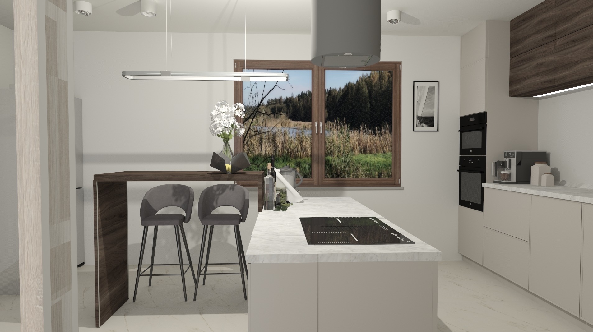 Nowoczesna kuchnia z wyspą i hokerami, okno z widokiem na jezioro, minimalistyczne oświetlenie, zabudowa kuchenna w odcieniach beżu i brązu, sprzęt AGD w zabudowie.