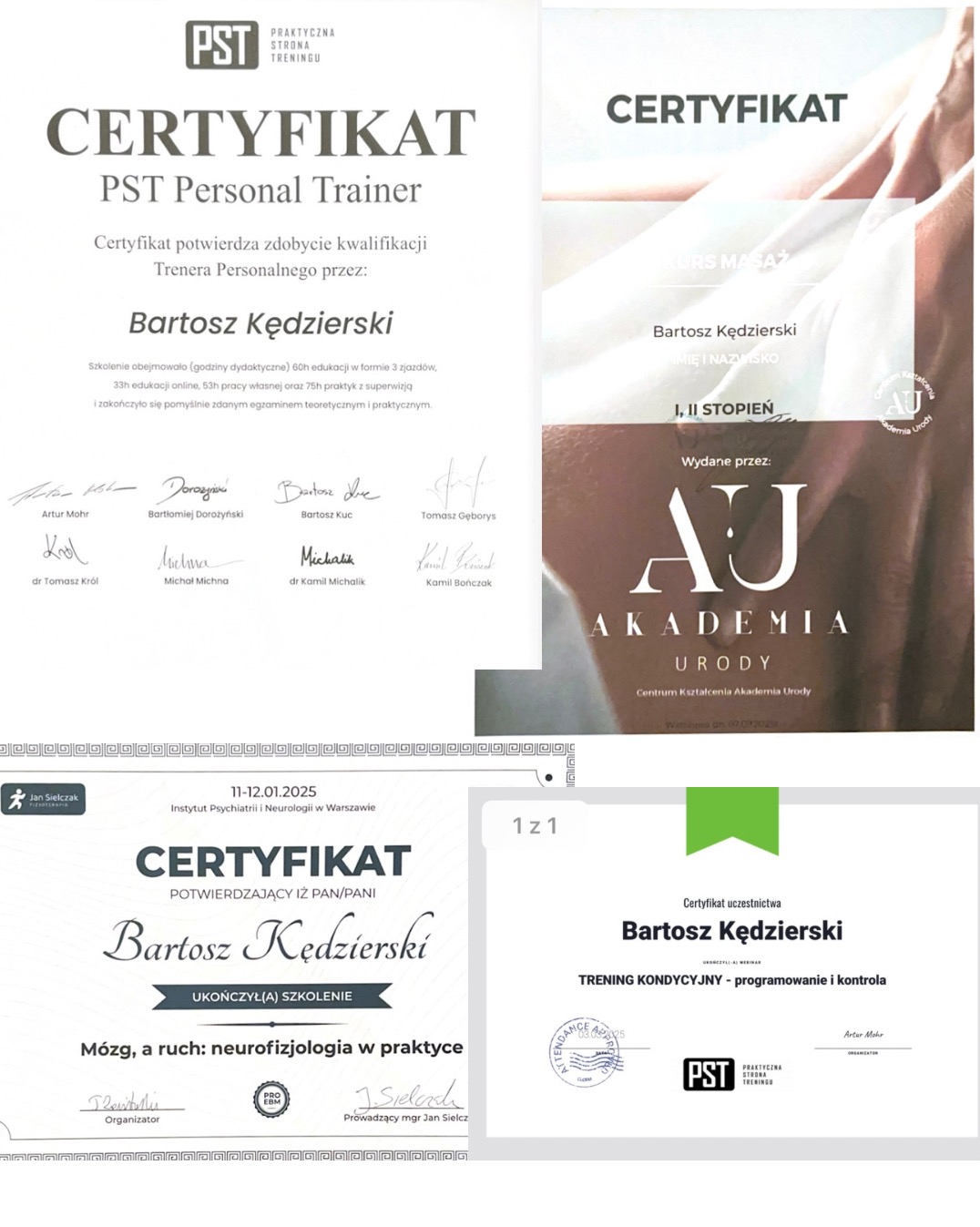 Zestaw certyfikatów ukończenia kursów i szkoleń przez Bartosza Kędzierskiego, w tym Personal Trainer PST, kurs masażu I i II stopnia, neurofizjologia mózgu i trening kondycyjny.