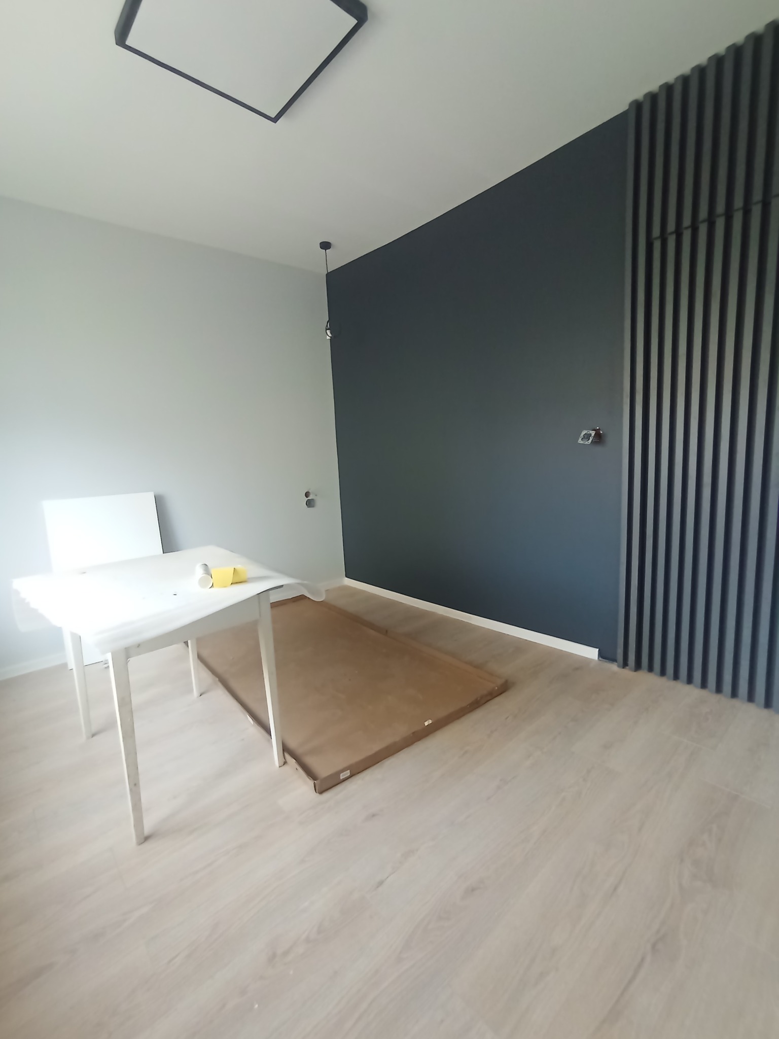 Pokój po malowaniu z ciemną ścianą i dekoracyjnymi panelami pionowymi. Na podłodze karton, a na stole akcesoria malarskie.