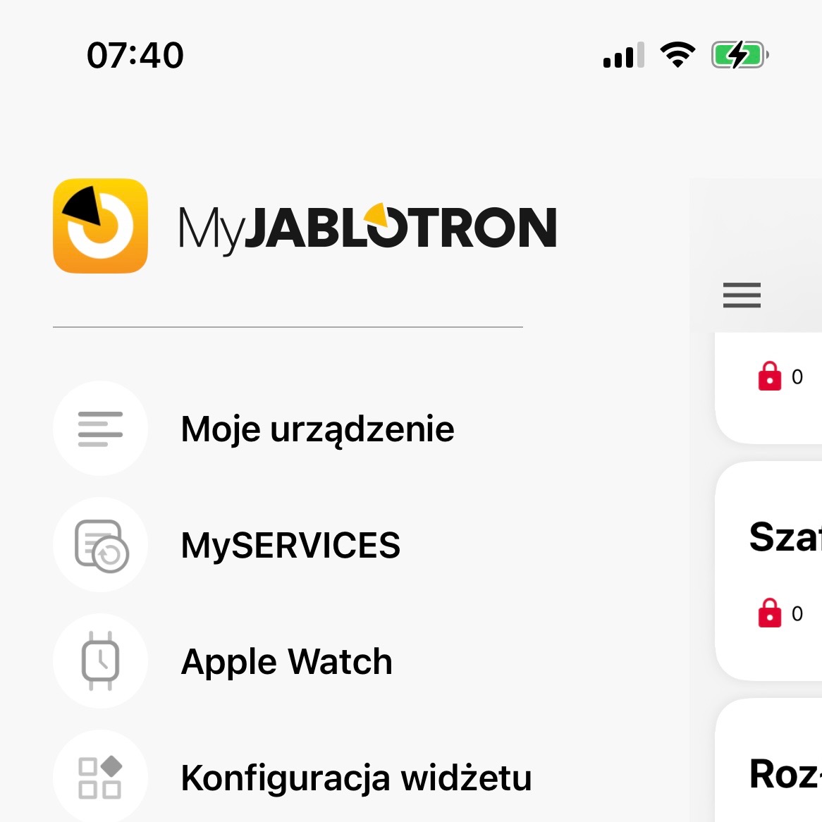 Ekran aplikacji MyJablotron na smartfonie, prezentujący interfejs użytkownika z menu Moje urządzenie, MySERVICES, Apple Watch oraz Konfiguracja widżetu, z ikonami i informacją o statusie.
