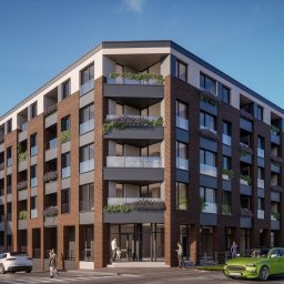 Wawel Service Deweloper Katowice - Wizualizacja nowoczesnego, narożnego budynku mieszkalnego z ceglaną elewacją, balkonami z kwiatami, zielonym samochodem i tramwajem w tle, Katowice.