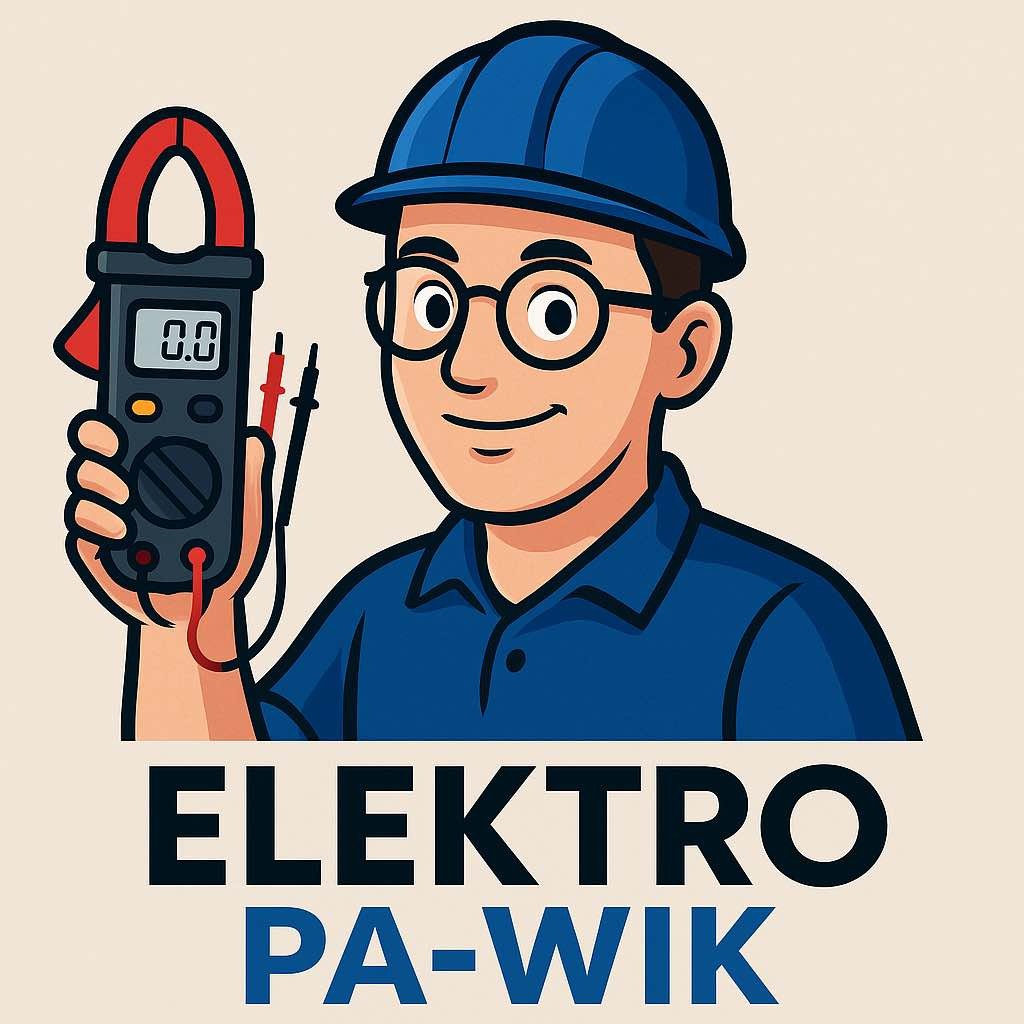 Karykatura elektryka w niebieskim kasku i okularach, trzymającego miernik cęgowy, z napisem 'ELEKTRO PA-WIK' poniżej.
