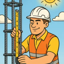 Ilustracja: pracownik w kasku mierzy zbrojenie budynku za pomocą miarki na tle błękitnego nieba z uśmiechniętym słońcem i obłokami.