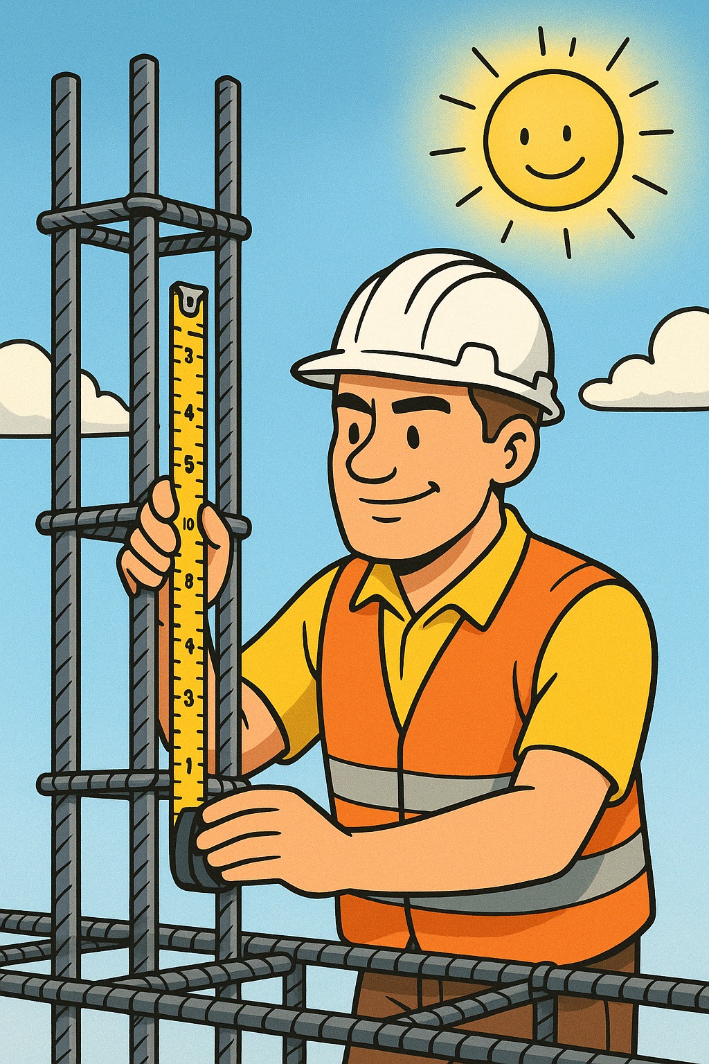 Ilustracja: pracownik w kasku mierzy zbrojenie budynku za pomocą miarki na tle błękitnego nieba z uśmiechniętym słońcem i obłokami.