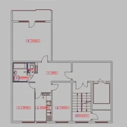 Rzut poziomy mieszkania z numeracją pomieszczeń: hall, kuchnia, pokoje, łazienka, schody. Schemat architektoniczny w neutralnej kolorystyce, widok z góry.