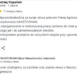 Miastorama Sp. z o o - Zrzut ekranu z opinią klienta o biurze nieruchomości MIASTORAMA, polecającego Panią Agnieszkę Pacułę za profesjonalizm w sprzedaży nieruchomości.