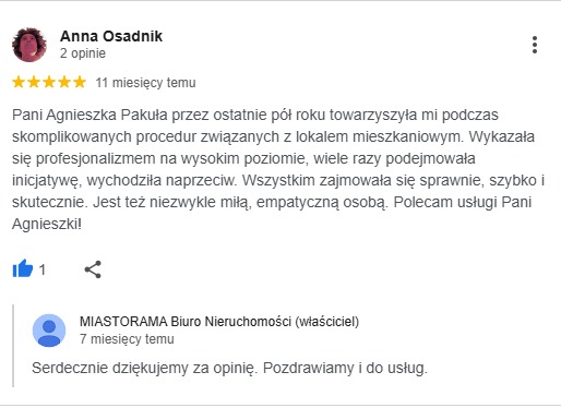 Zrzut ekranu z pozytywną opinią Anny Osadnik o biurze nieruchomości MIASTORAMA, podkreślającą profesjonalizm i skuteczność Pani Agnieszki Pakuły.