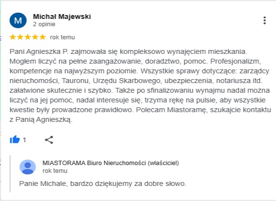 Opinia klienta o biurze nieruchomości Miastorama, chwaląca kompleksową obsługę wynajmu mieszkania i profesjonalizm Pani Agnieszki P.