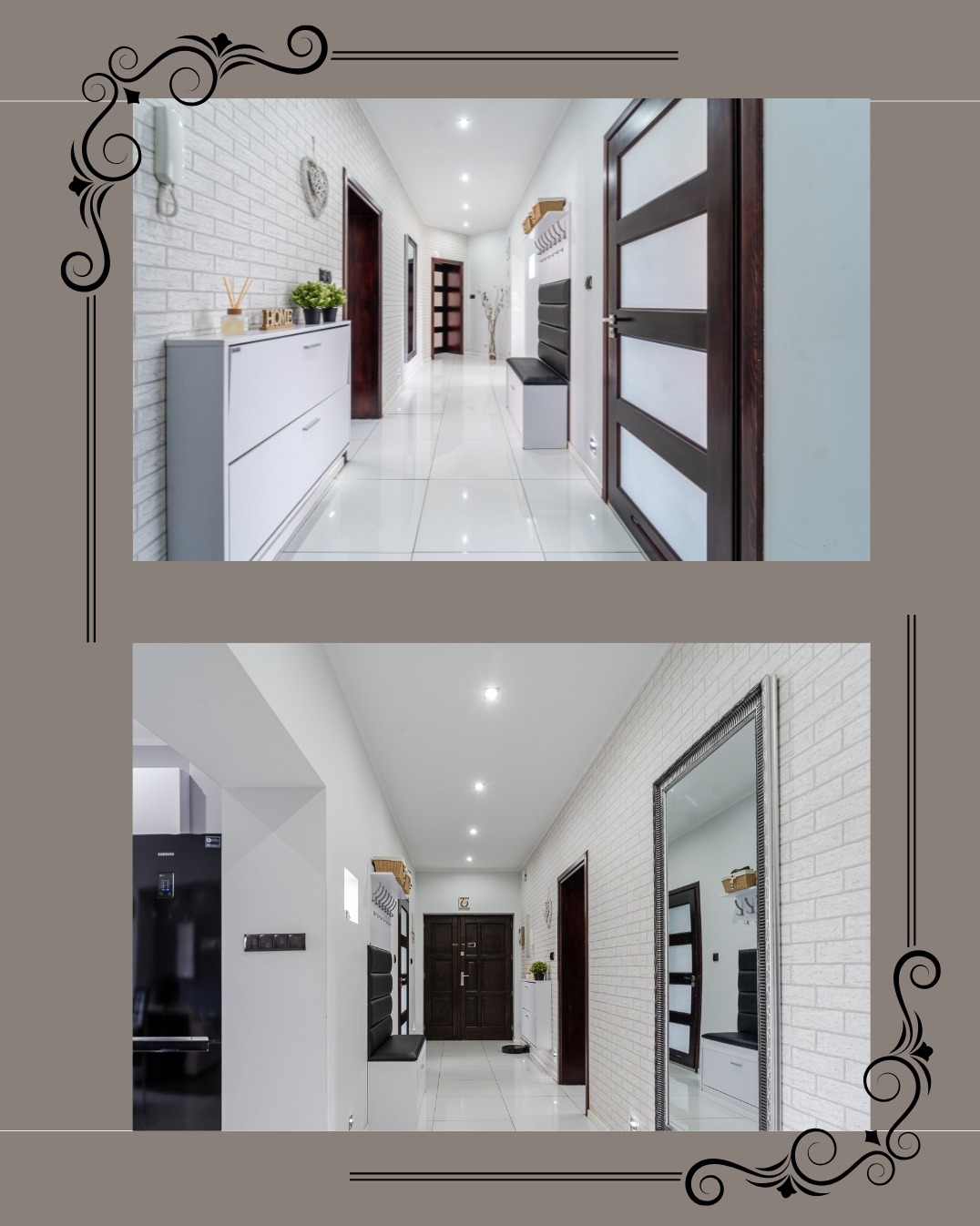 Nowoczesny przedpokój z białymi cegłami, błyszczącą podłogą i designerskimi meblami. Widok na korytarz z oświetleniem punktowym. Dekoracyjne detale i lustra.