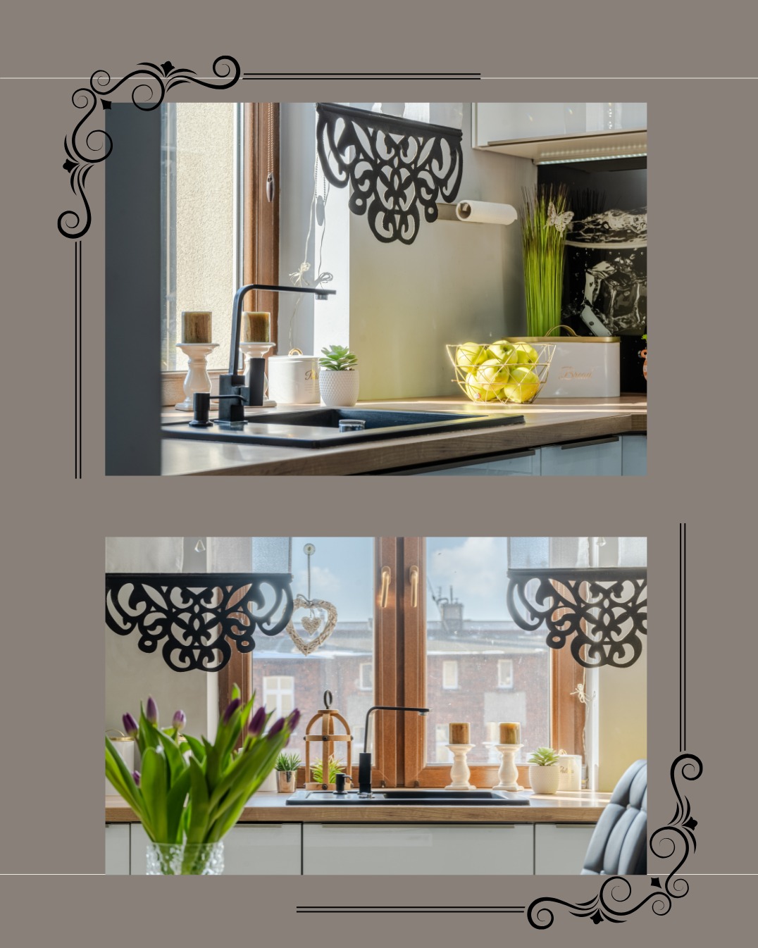 Dwie aranżacje kuchni z czarną armaturą i drewnianym blatem. W górnej części jabłka w koszyku, w dolnej tulipany. Dekoracje okienne, świece i rośliny doniczkowe.