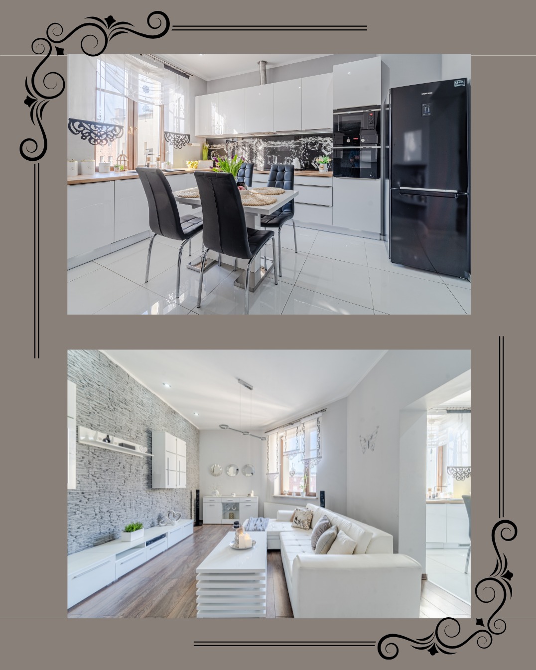 Nowoczesne wnętrze: biała kuchnia z czarnymi akcentami i salon z szarą ścianą z kamienia. Wnętrze jest jasne i przestronne, z dbałością o detale.