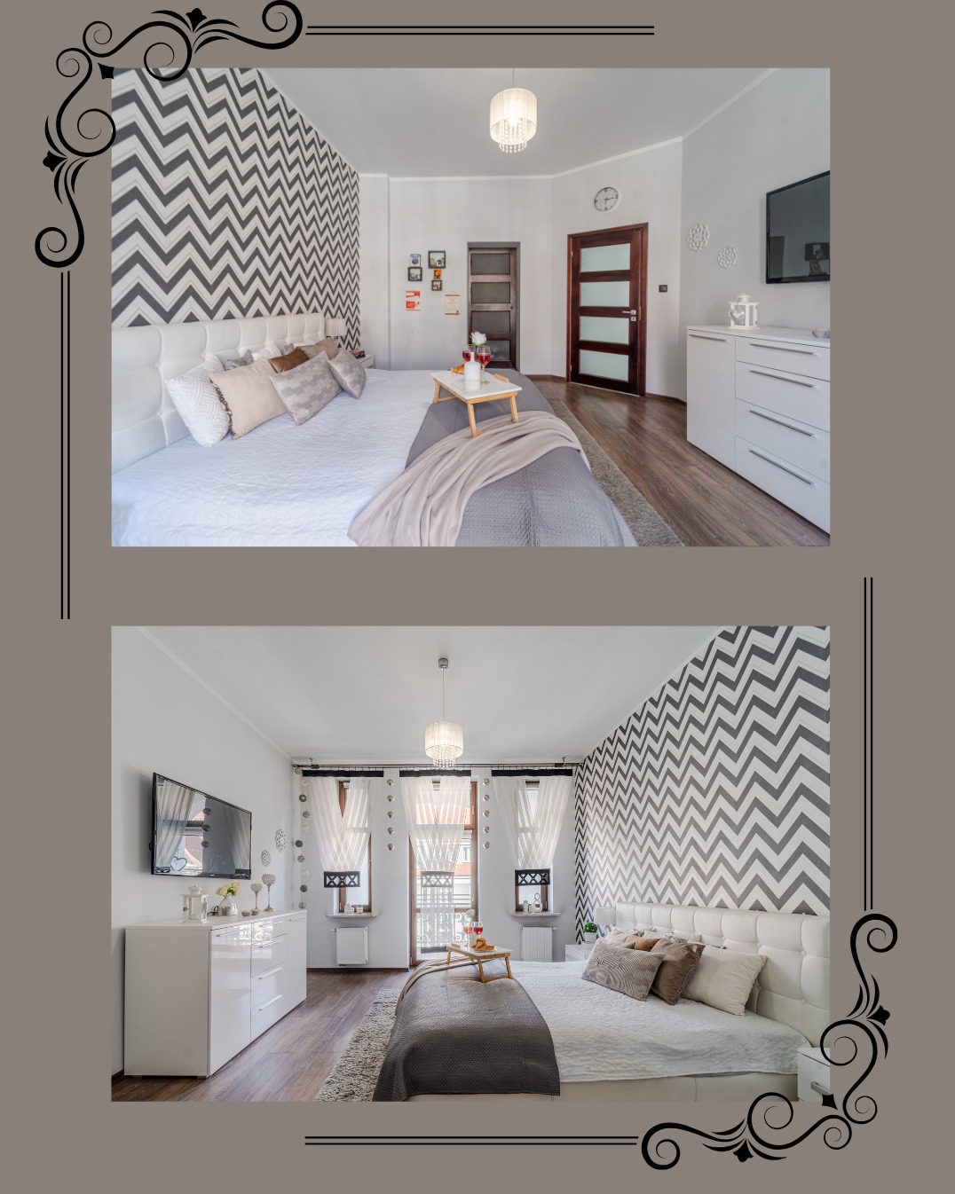 Stylowa sypialnia z łóżkiem z zagłówkiem, wzorzystą tapetą i śniadaniem na tacy. Jasne wnętrze z drewnianą podłogą i białymi meblami.