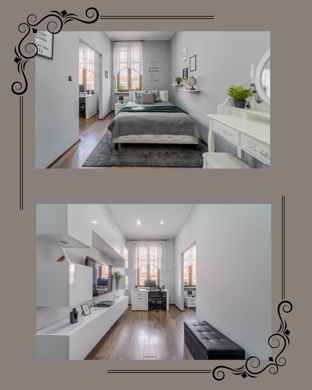 Jasne, dwuczęściowe wnętrze mieszkania: sypialnia z toaletką i pokój dzienny z białymi meblami. Parkiet, okna z firankami, szara kolorystyka ścian.