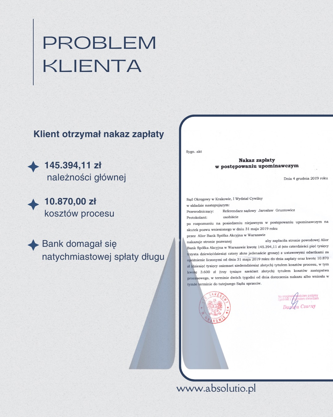 Skan dokumentu: Nakaz zapłaty w postępowaniu upominawczym z Sądu Okręgowego w Krakowie, informujący o długu klienta wobec Alior Banku na kwotę 145.394,11 zł plus 10.870 zł kosztów procesu,...