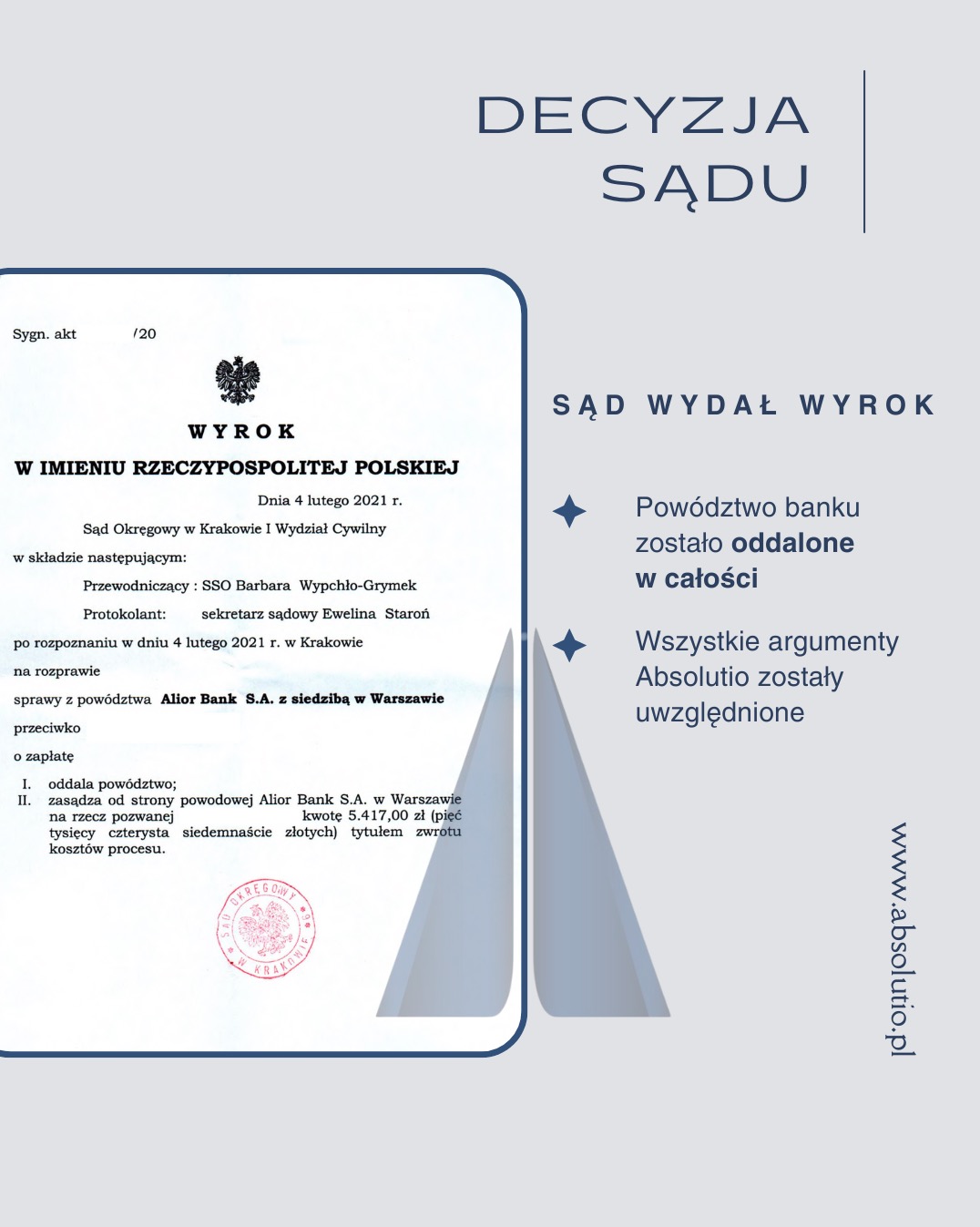 Skan dokumentu sądowego z wyrokiem oddalającym powództwo Alior Bank S.A., z informacją o zasądzeniu zwrotu kosztów procesu.