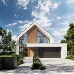 Nowoczesny dom z dwuspadowym dachem i dużymi oknami. Elewacja w bieli i drewnie. Numer domu 130. Minimalistyczny ogród z elementami małej architektury.