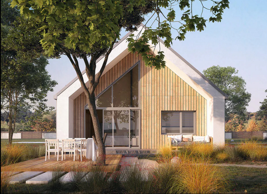 Nowoczesny dom z drewnianą elewacją i dużymi przeszkleniami, otoczony zielenią. Widoczny taras z meblami ogrodowymi i malowniczy krajobraz.