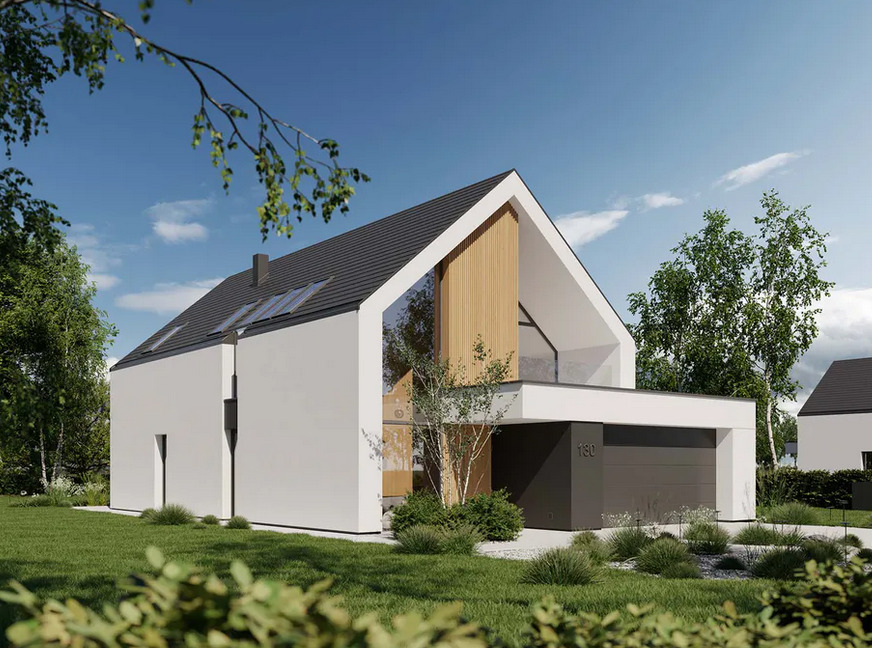 Nowoczesny dom z garażem i dużym oknem szczytowym z drewnianymi panelami, otoczony zielenią. Minimalistyczny design z białymi ścianami i ciemną dachówką.