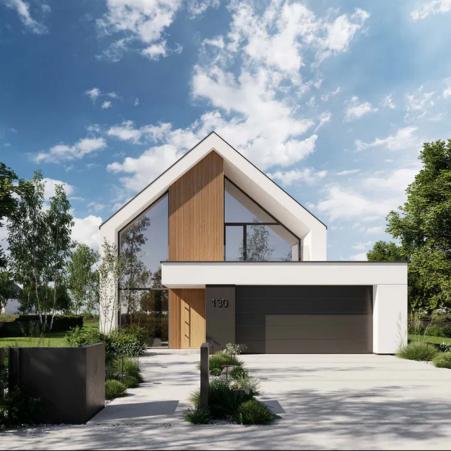 Nowoczesny dom z dwuspadowym dachem i dużymi oknami. Elewacja w bieli i drewnie. Numer domu 130. Minimalistyczny ogród z elementami małej architektury.