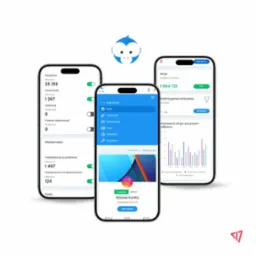 Aplikacja mobilna na trzech smartfonach prezentująca statystyki konta w mediach społecznościowych, z widocznymi danymi polubień, komentarzy, obserwujących oraz wykresami aktywności.