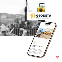 MRDM BŁAŻEJ DRÓŻDŻ - Prezentacja strony internetowej firmy geodezyjnej na smartfonie, z widocznym logo 'Geodeta Michał Martinek', zdjęciem sprzętu geodezyjnego i koparki w tle, oraz tekstem o zadowoleniu klienta,...