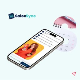 MRDM BŁAŻEJ DRÓŻDŻ - Ekran smartfona prezentuje aplikację SalonSync z funkcjami rezerwacji i zarządzania salonem, obok fragment kalendarza z zaznaczoną literą 'S'.