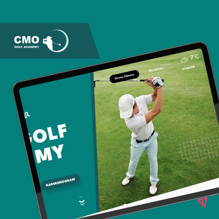 Ekran tabletu prezentuje stronę internetową szkółki golfowej CMO Golf Academy, z widocznym golfistą w trakcie uderzenia na tle zielonego pola.