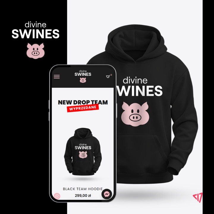 Mockup strony internetowej prezentującej czarną bluzę z kapturem z logo Divine Swines na ekranie smartfona, obok rzeczywista bluza z tym samym nadrukiem.