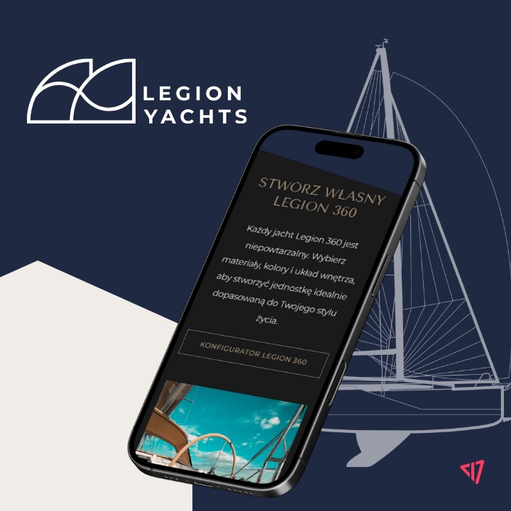 Smartfon prezentuje stronę internetową Legion Yachts z konfiguracją jachtu Legion 360 na tle grafiki jachtu żaglowego.