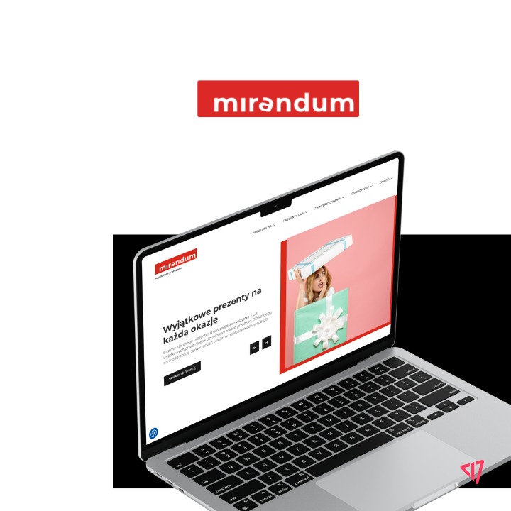 Laptop wyświetlający stronę internetową z grafiką prezentów i hasłem 'Wyjątkowe prezenty na każdą okazję' oraz logo 'mirandum' w czerwonej ramce.