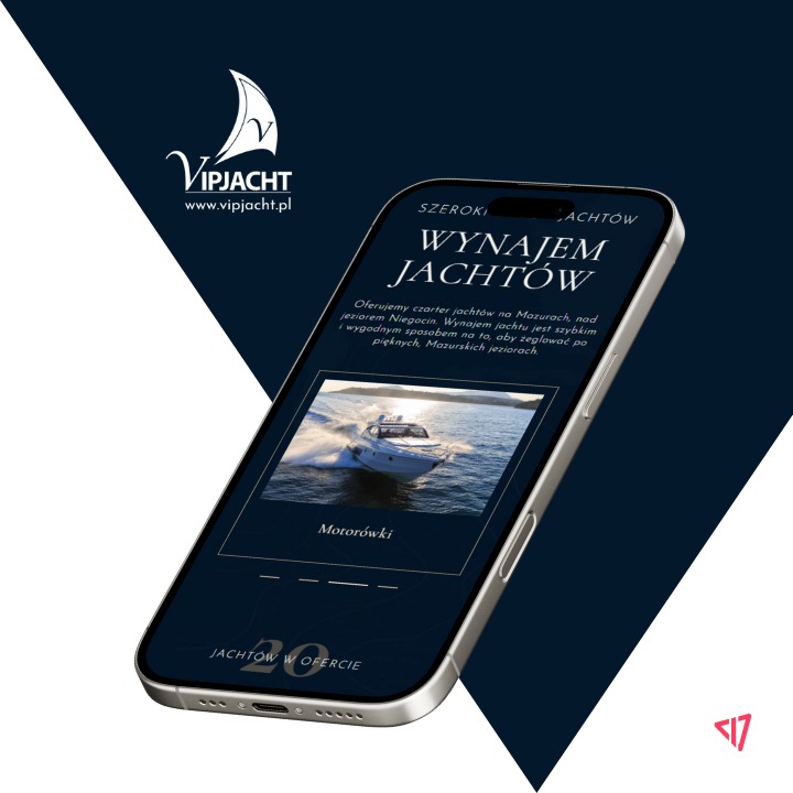 Reklama na smartfonie prezentująca ofertę wynajmu jachtów motorowych na Mazurach, z logo Vipjacht i zdjęciem jachtu w ruchu na jeziorze.