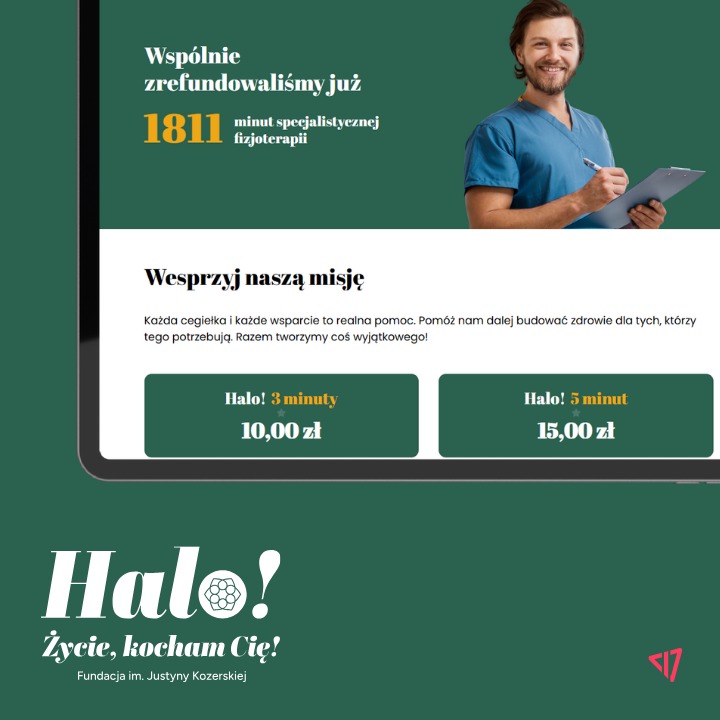 Zrzut ekranu strony internetowej fundacji z uśmiechniętym lekarzem trzymającym clipboard, informacją o zrefundowanych minutach fizjoterapii i wezwaniem do wsparcia misji.