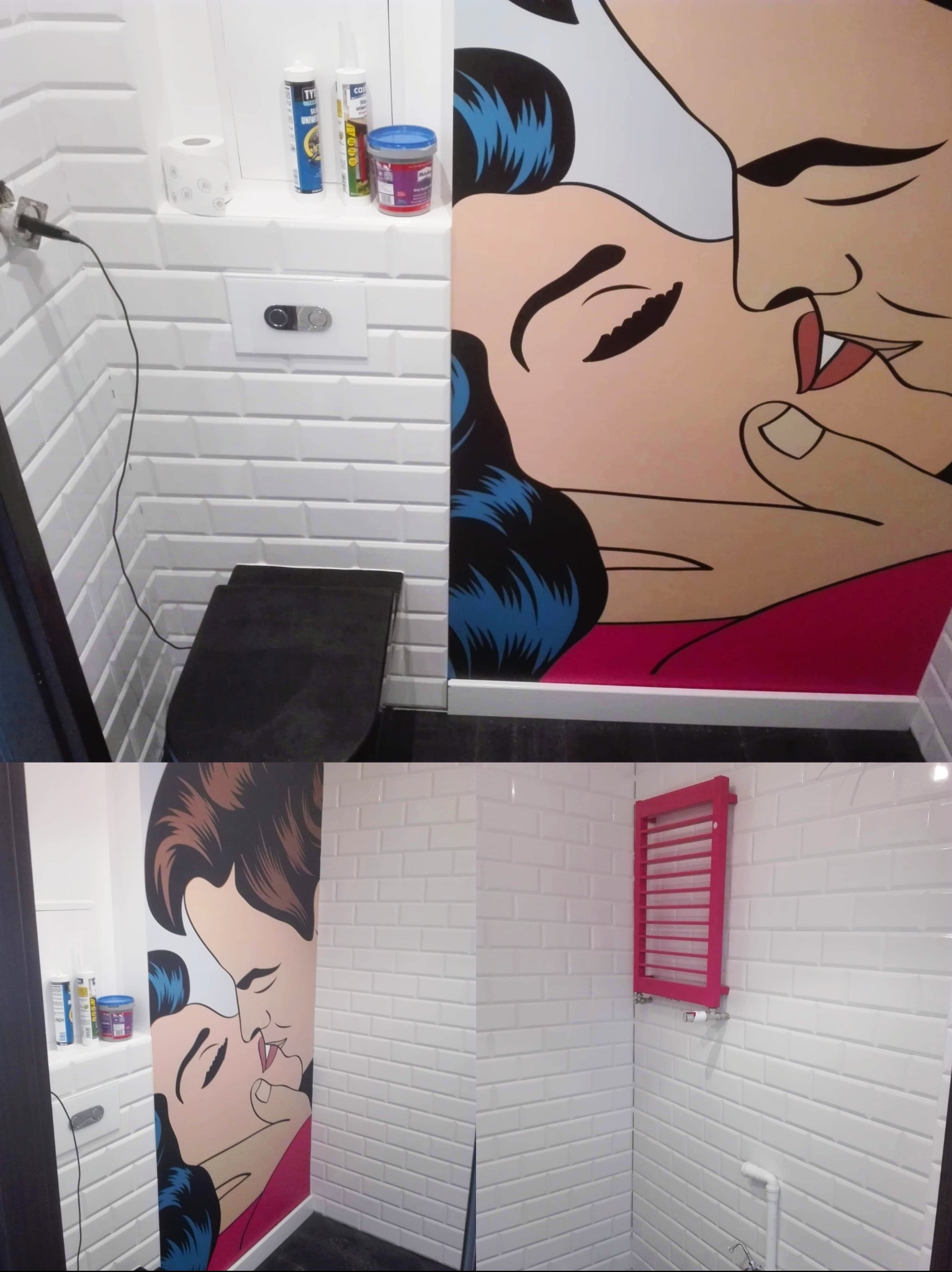 Biała łazienka z toaletą w zabudowie, grzejnikiem drabinkowym w kolorze fuksji i muralem w stylu pop-art przedstawiającym całującą się parę.