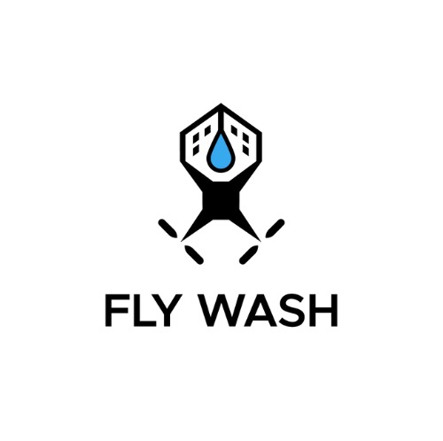 Logo firmy Fly Wash przedstawiające stylizowaną postać trzymającą budynek z kroplą wody, symbolizujące mycie elewacji.