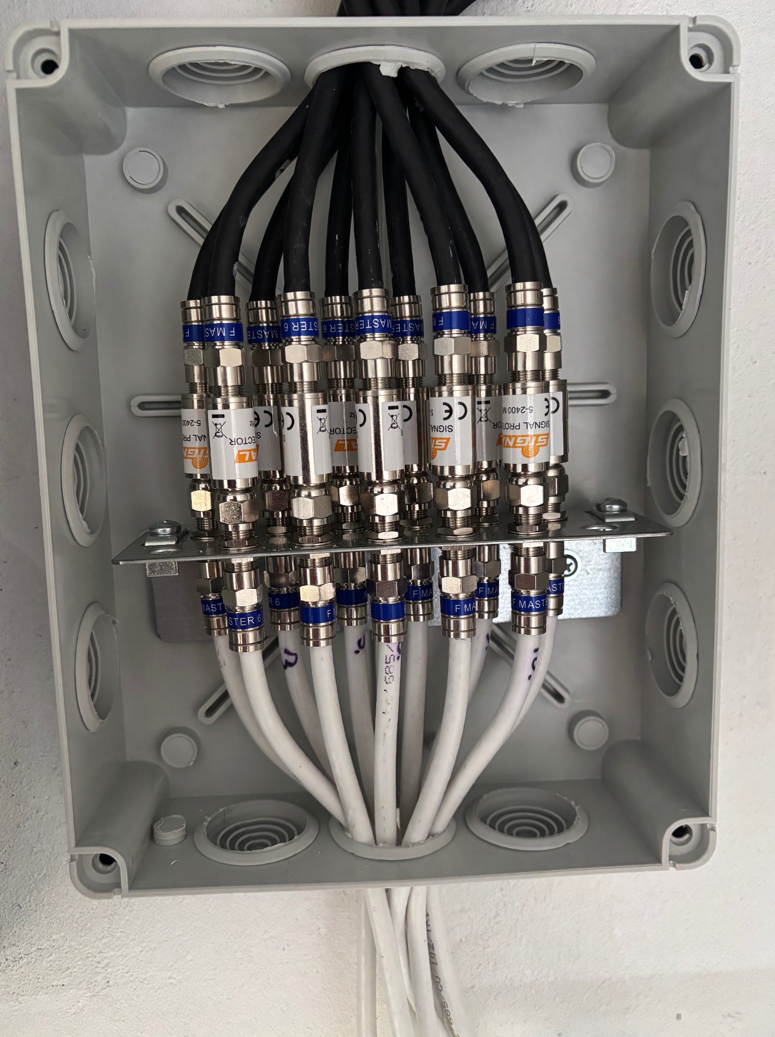 Rozdzielnica elektryczna z licznymi kablami koncentrycznymi i złączami F, zamontowana na ścianie, widoczne etykiety na złączach.