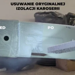 Usuwanie izolacji karoserii: fragment ramy pojazdu z widocznym obszarem 'przed' z resztkami starej izolacji i obszarem 'po' jej usunięciu, z narzędziem do czyszczenia w kadrze.