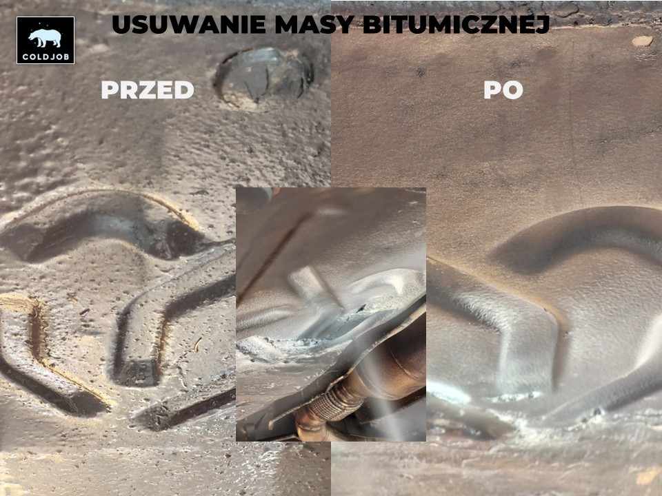 Usunięta masa bitumiczna z podwozia samochodu: widok przed i po, z elementami układu wydechowego widocznymi w tle.