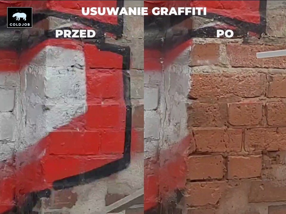 Usunięte graffiti z ceglanej ściany: widok przed i po czyszczeniu, z widocznymi pozostałościami farby w spoinach.