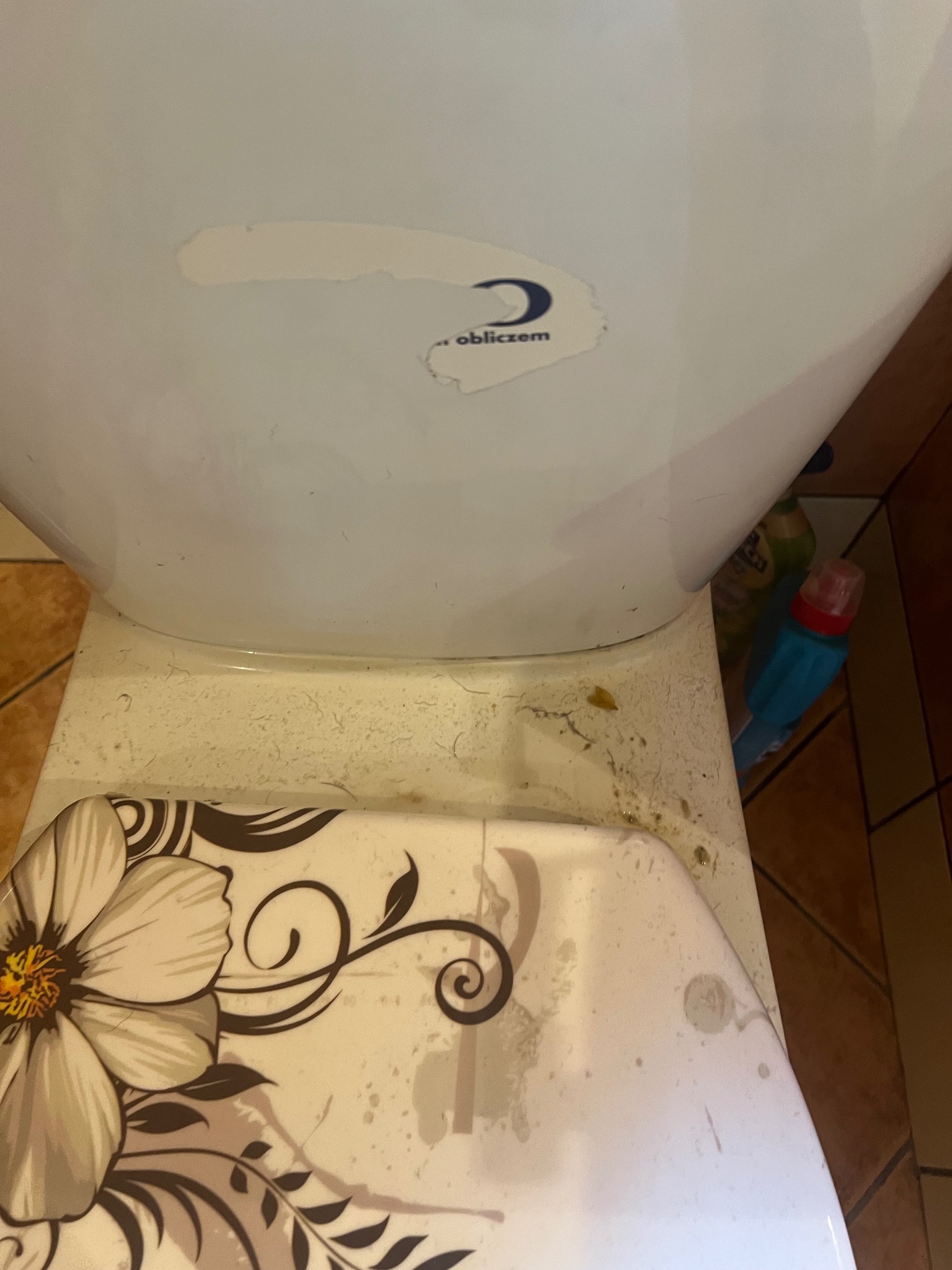 Widok z góry na zabrudzoną toaletę z deską klozetową w kwiaty i częściowo odklejoną naklejką na spłuczce, widoczne ślady zabrudzeń i kurz.