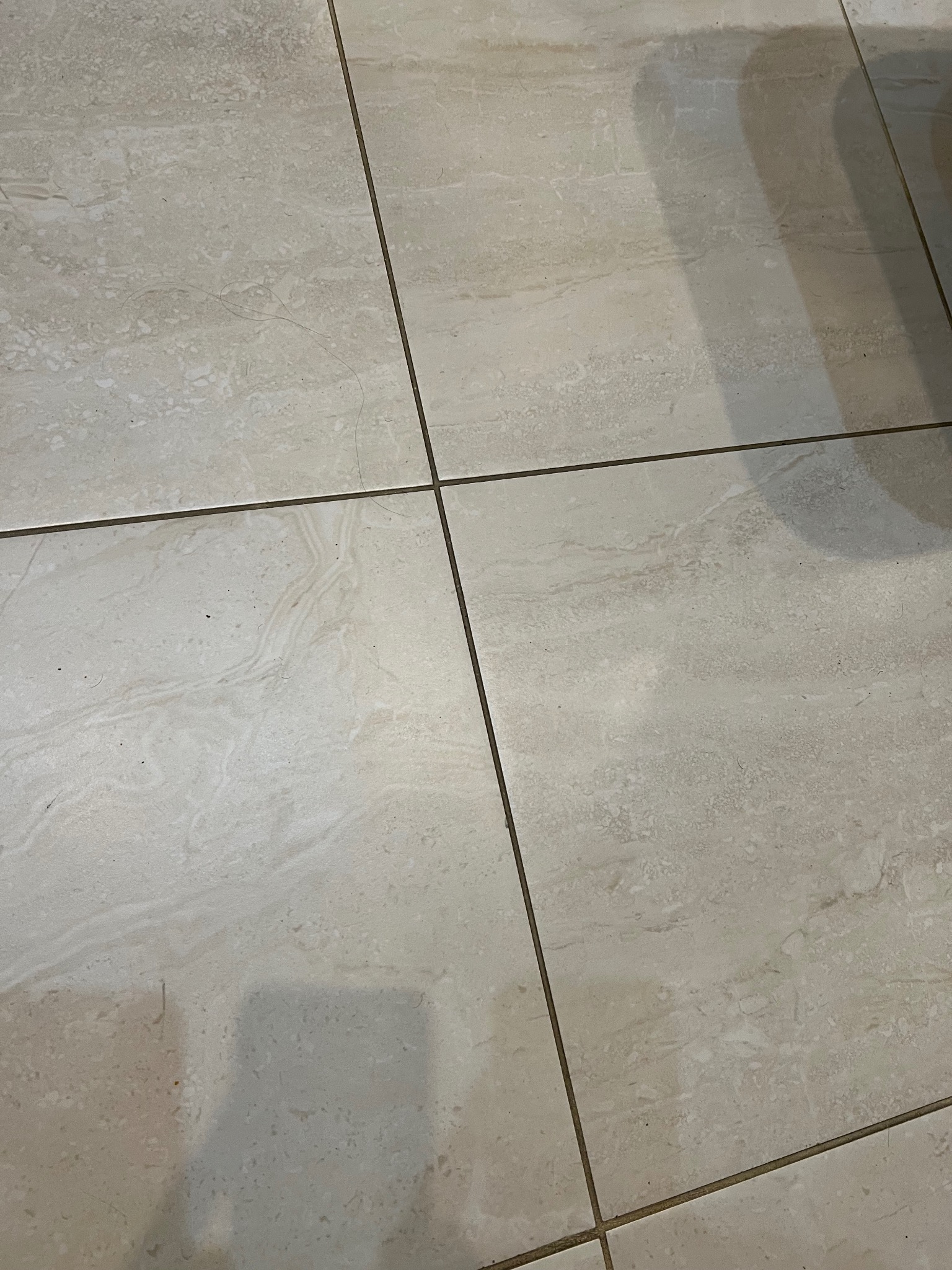 Beżowe płytki podłogowe z widocznymi fugami oraz drobnymi zabrudzeniami i włosami, sfotografowane z góry pod kątem.