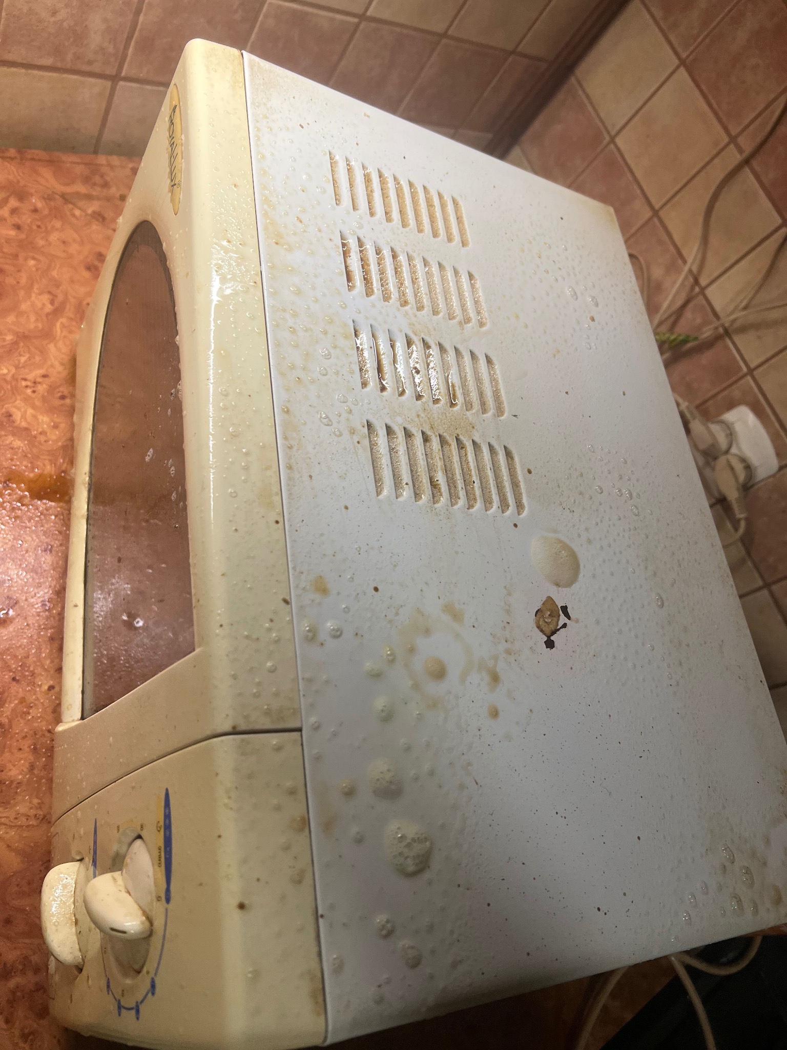 Zabrudzony piekarnik elektryczny przed czyszczeniem, widoczne zaschnięte plamy i tłuszcz na obudowie i wewnątrz. Ujęcie z góry, ukazujące stopień zabrudzenia.