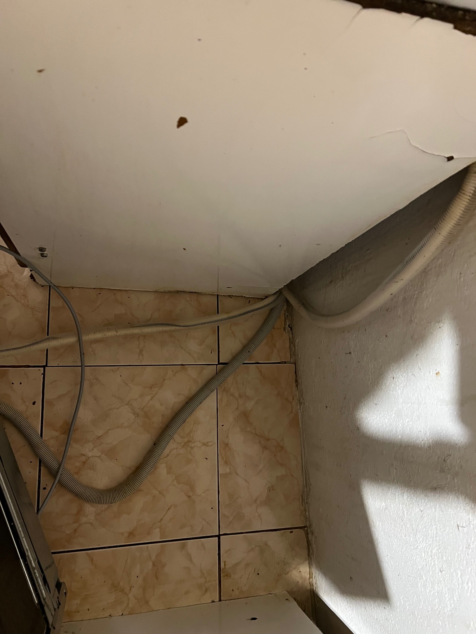 Szare rury odpływowe pod zlewem w kuchni, widoczne na tle beżowych płytek i białej ściany. Narożnik pomieszczenia, widoczne ślady użytkowania.