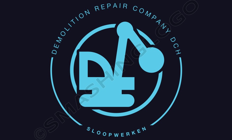 Logo firmy budowlanej z motywem kuli wyburzeniowej w okręgu, nazwa firmy 'DEMOLITION REPAIR COMPANY DCH', pod spodem 'SLOOPWERKEN'. Kolorystyka: jasnoniebieski na ciemnoniebieskim tle.