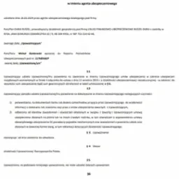 Dokument upoważnienia do wykonywania czynności agencyjnych w imieniu agenta ubezpieczeniowego PZU. Zawiera dane upoważniającego i upoważnionego.