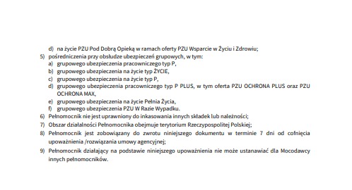 Fragment dokumentu z tekstem dotyczącym ubezpieczeń grupowych PZU, w tym na życie i pracowniczych, oraz obowiązków pełnomocnika. Tekst w języku polskim.