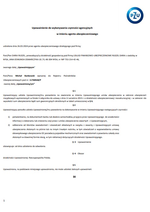 Dokument upoważnienia do wykonywania czynności agencyjnych w imieniu agenta ubezpieczeniowego PZU. Zawiera dane upoważniającego i upoważnionego.